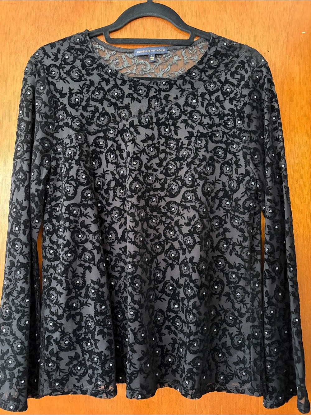 Adrienne Vittadini Black Sequin Floral Long Sleeve Top with Lace Yoke